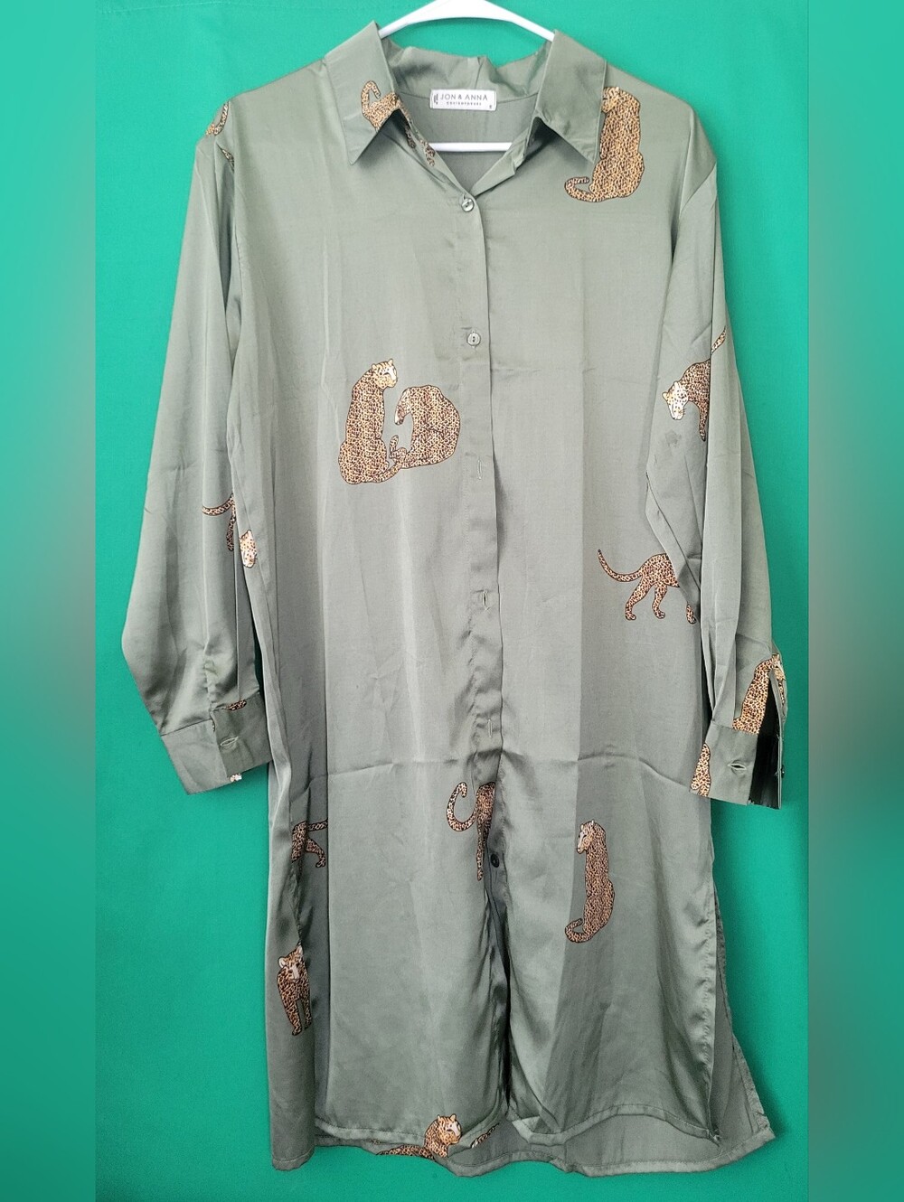 Jon & Anna Green Leopard Print Button-Up Blouse Contemporary Dress Satin Silky
